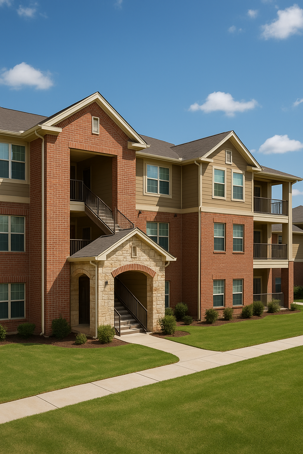 Modern Texas apartment complex surrounded by greenery, showcasing a prime real estate investment opportunity.