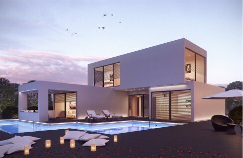 Modern Texas home with sleek architecture and large windows at sunset.